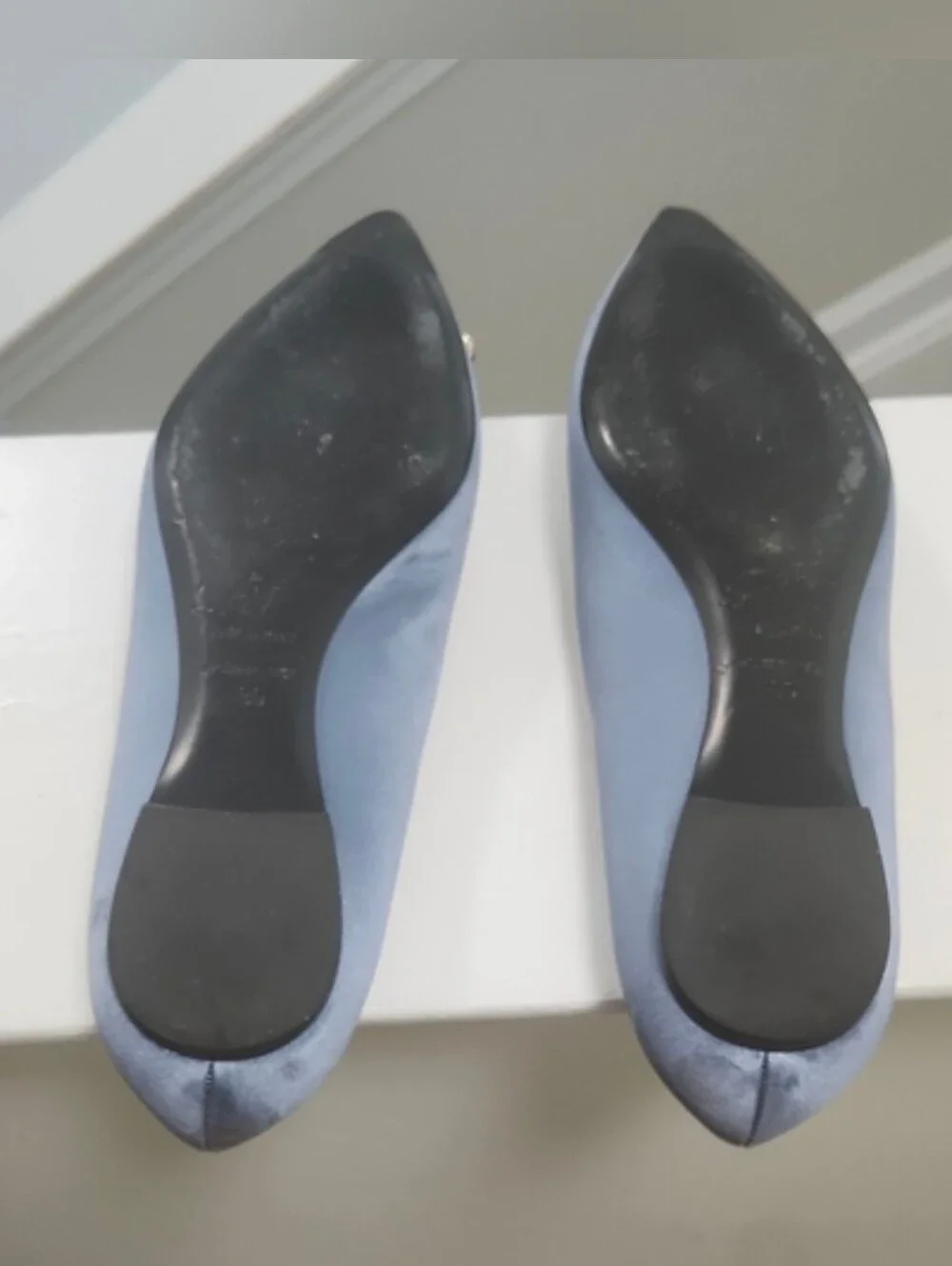 Roger Vivier Slate Blue Satin Pointed Jewel Buckle Flats